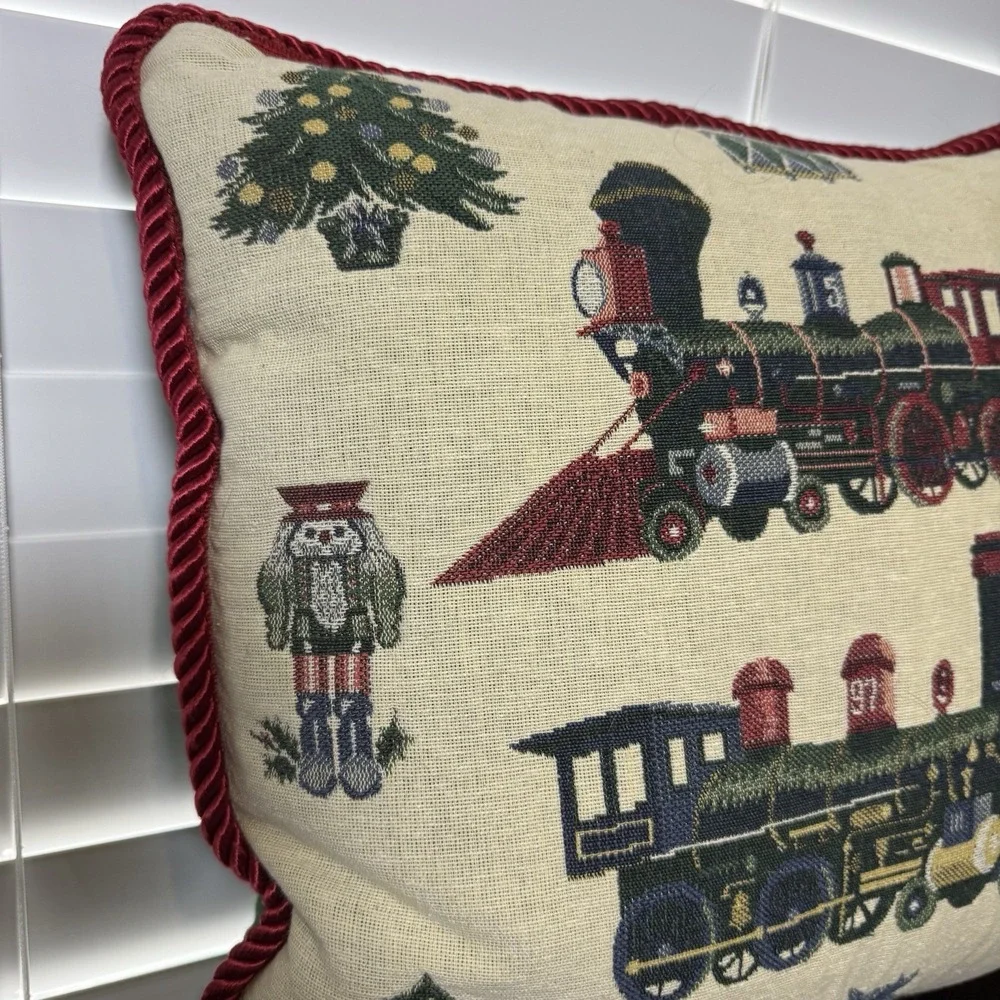 VTG 90s Square Tapestry Pillow Christmas Tree‎ Trains Nutcracker Star 16x16 gift
